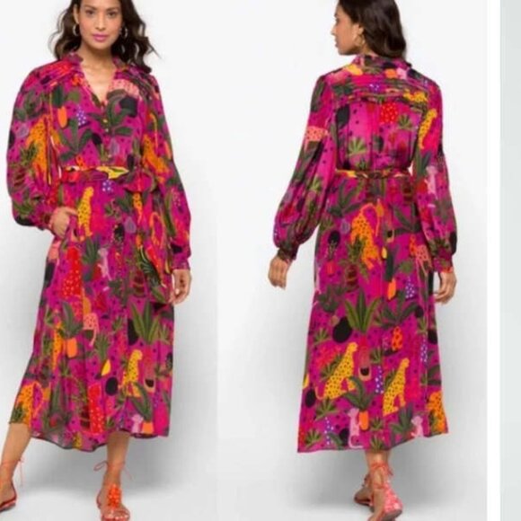 FARM Rio Dresses & Skirts - Anthropologie Farm Rio Pop Leopards Chemise Long Sleeve Maxi Shirt Dress S